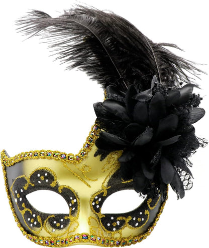 Black and Gold Feather Swan with Flower Masquerade Mask