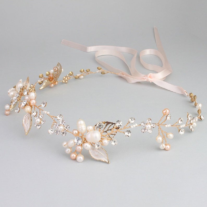 Crystal Bridal Headband Floral Headpiece with Crystals Pearls Beads Ivory Satin Ribbons