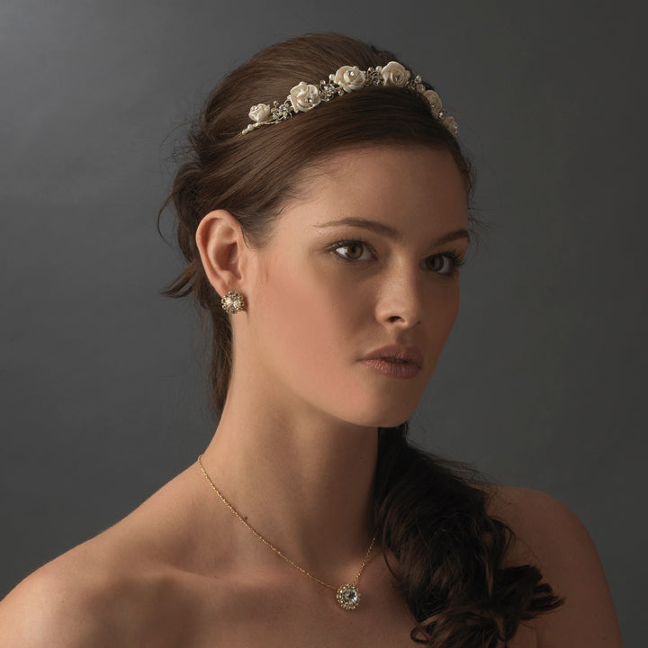 Elegant Ivory Rose & Crystal Bridal Headpiece