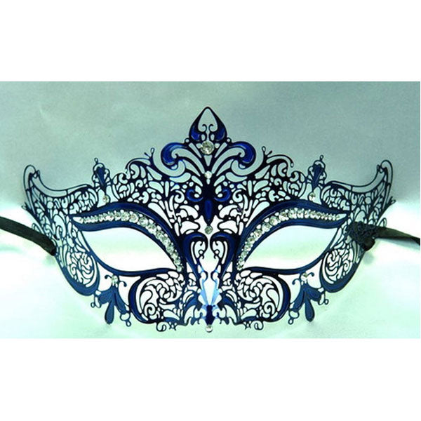 Navy Blue Laser Cut Metal Venetian Mask with Clear Diamonds