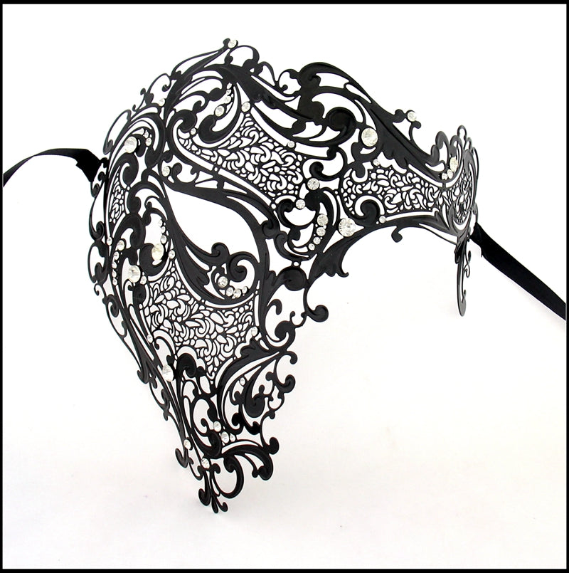 Men Black Skull half Face Laser Cut Metal Masquerade Mask with Clear Crystals