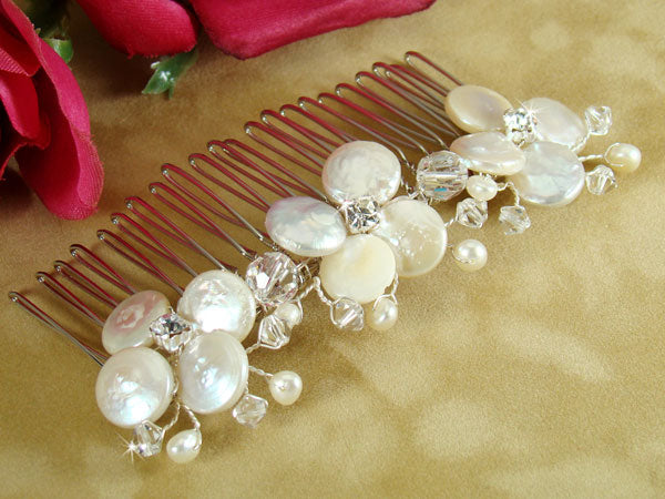 Lustrous Coin Pearl Beach Design Bridal Hair Comb