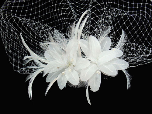 Delicate Floral Feather Fascinator with Bird Cage Veil White or Ivory