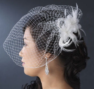 Delicate Floral Feather Fascinator with Bird Cage Veil White or Ivory