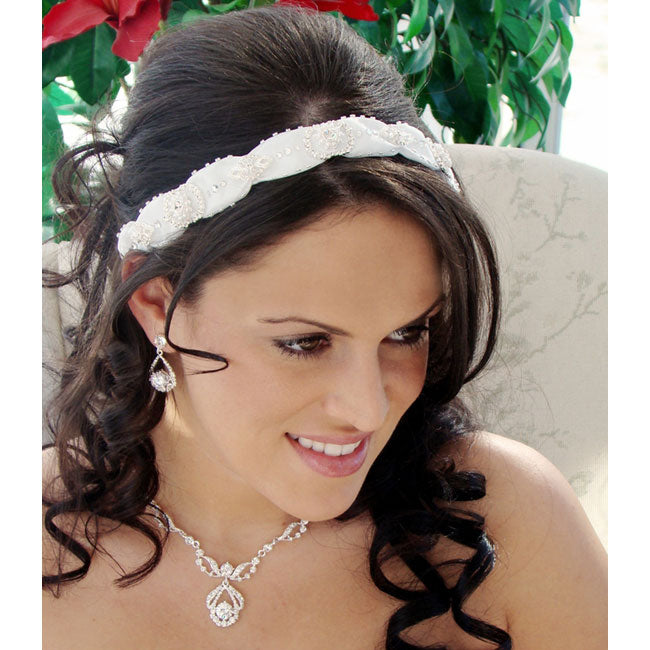 Bridal Ribbon Headband Crystal & Rhinestone Headpiece White or Ivory