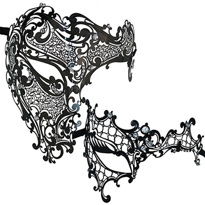 Lovers Men and Women Half Face Skull and Phantom Masquerade Masks Set Black