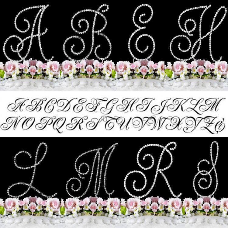 Crystal Cake Topper Swirl Script Silver Monogram Cake Toppers Initial A to Z Large 4 3/4"