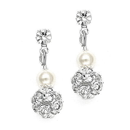 Dainty Wedding Earrings with Pearl & Rhinestone Fireball