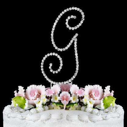 Crystal Cake Topper Swirl Script Silver Monogram Cake Toppers Initial A to Z Large 4 3/4"