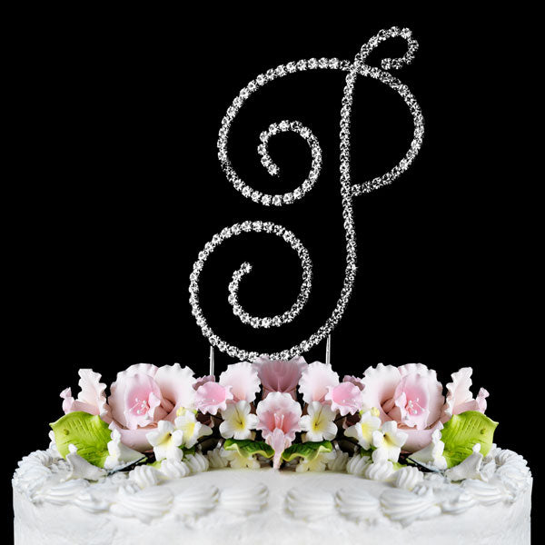 Crystal Cake Topper Swirl Script Silver Monogram Cake Toppers Initial A to Z Large 4 3/4"