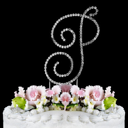 Crystal Cake Topper Swirl Script Silver Monogram Cake Toppers Initial A to Z Large 4 3/4"