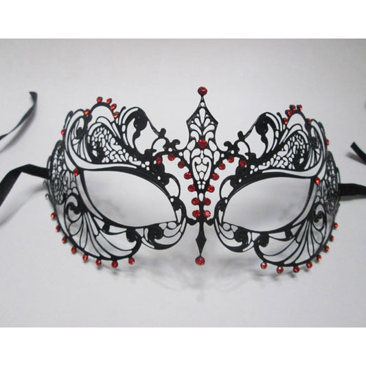 Black Laser Cut Metal Masquerade Mask with Red Crystals