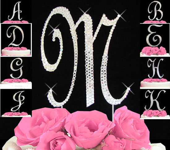 Custom Crystal Monogram Cake Topper with 2 Hearts design Silver Cake Initial A to Z Any Letter