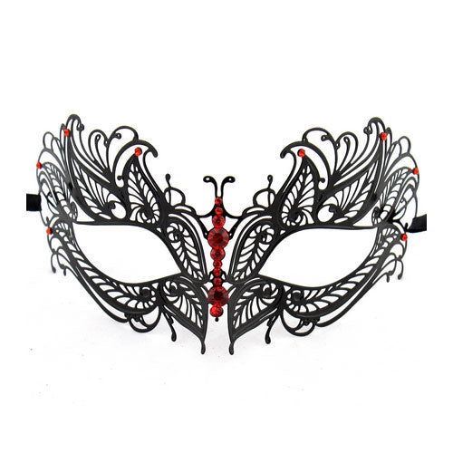 Black Butterfly Metal Laser Cut Masquerade Masks with Crystals (Clear, Blue or Red)